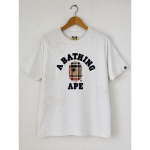 A BATHING APE BAPE Check Plaid White College Tee *Flawed*